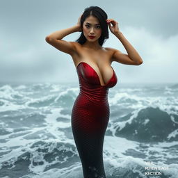 A sexy, thin, full body view of a 21-year-old Thai mermaid girl with big cleavage, elegantly posing in front of a misty, mystic stormy sea