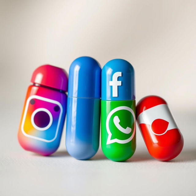 An aesthetic image depicting four distinct capsules representing different social media platforms: Instagram, Facebook, WhatsApp, and YouTube