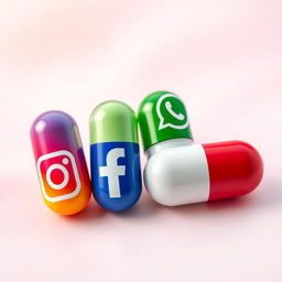 An aesthetic image depicting four distinct capsules representing different social media platforms: Instagram, Facebook, WhatsApp, and YouTube