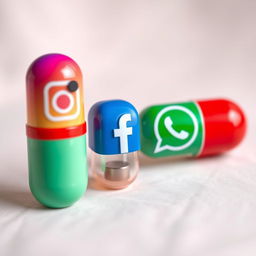 An aesthetic image depicting four distinct capsules representing different social media platforms: Instagram, Facebook, WhatsApp, and YouTube
