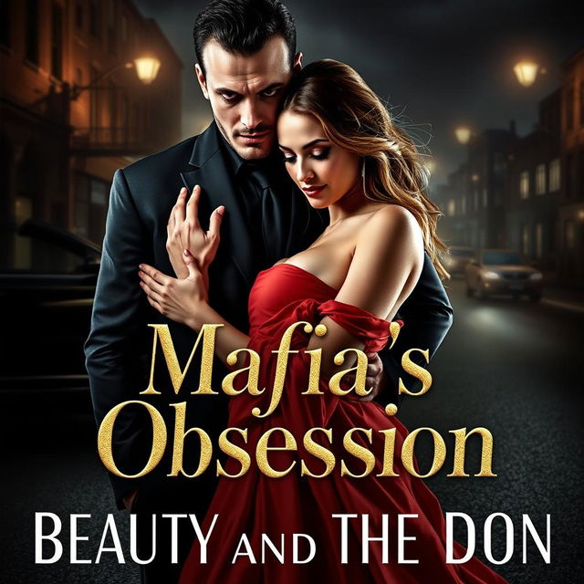 A striking and dramatic novel cover for 'Mafia’s Obsession: Beauty and the Don', featuring a powerful scene that encapsulates romance, danger, and suspense