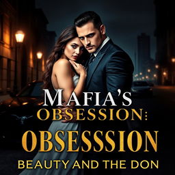 A striking and dramatic novel cover for 'Mafia’s Obsession: Beauty and the Don', featuring a powerful scene that encapsulates romance, danger, and suspense