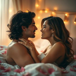 A romantic and intimate scene between a couple in a softly lit bedroom, filled with passion and tenderness