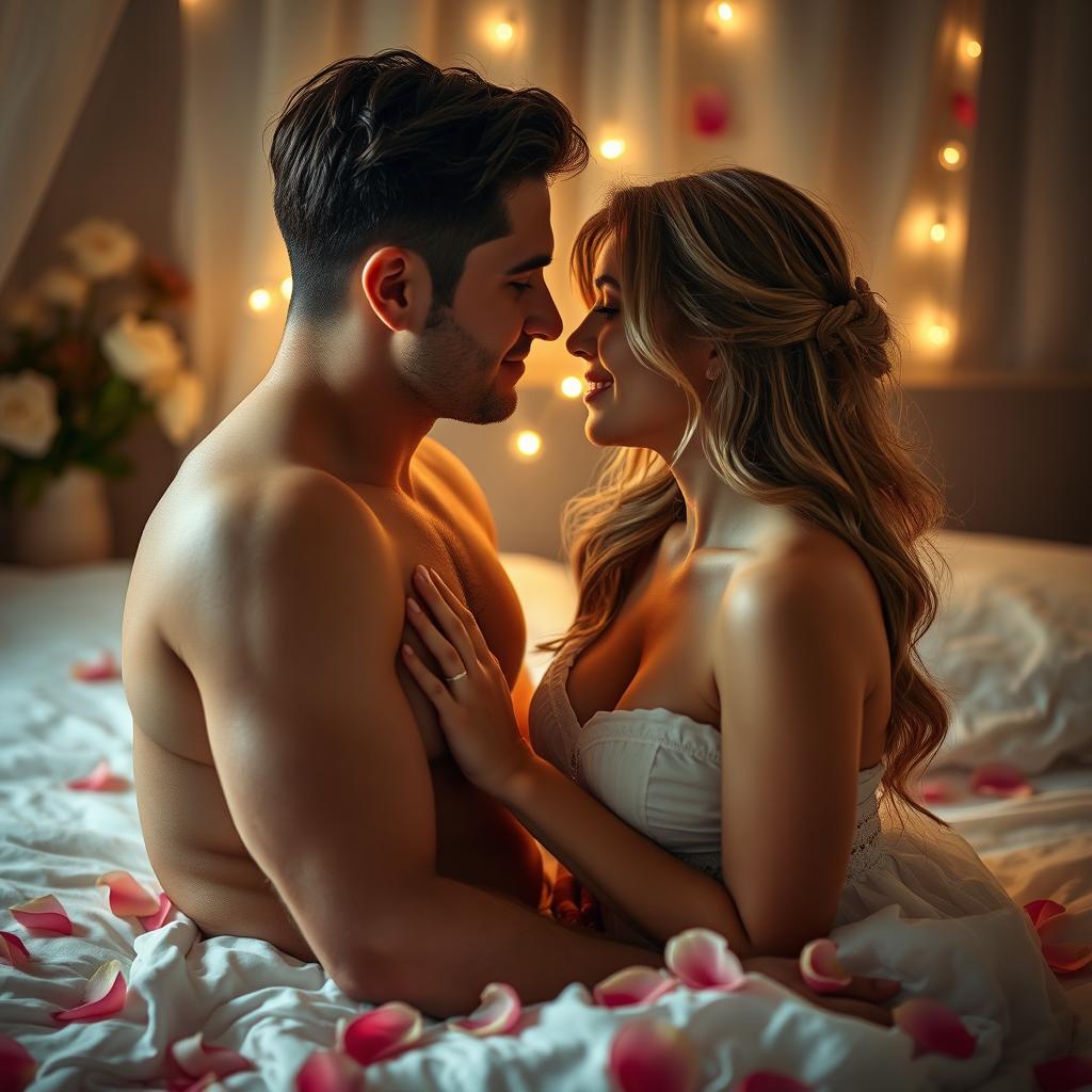 A romantic and intimate scene between a couple in a softly lit bedroom, filled with passion and tenderness