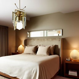 A cozy bedroom design featuring a towering headboard reaching the ceiling, a side bedside shelf with an elegant mirror backdrop, and a soft light hanging strategically for illumination.