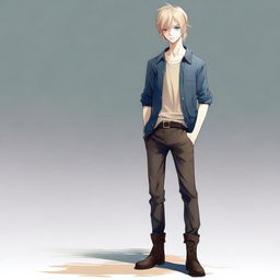 A high-quality digital art image showcases a tall, slim teenage male with sand-colored hair and striking blue eyes