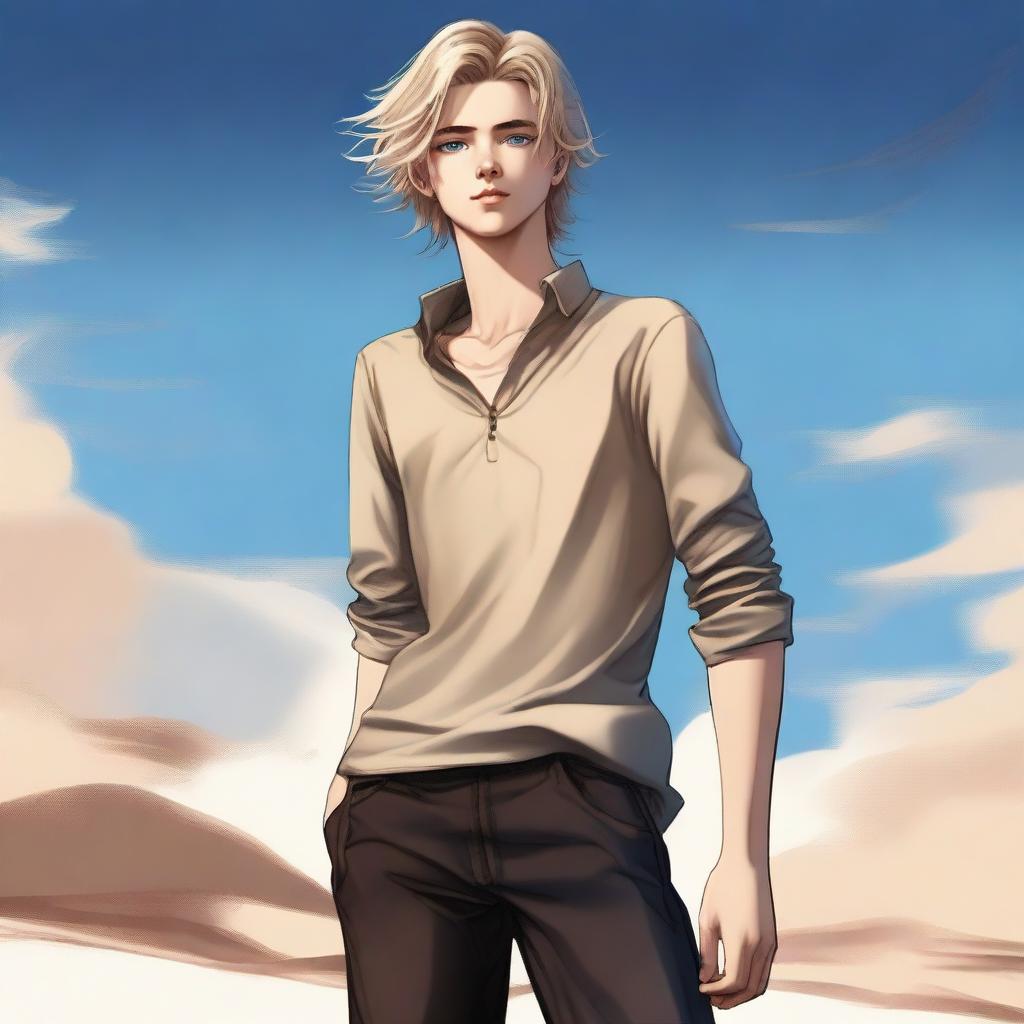 A high-quality digital art image showcases a tall, slim teenage male with sand-colored hair and striking blue eyes