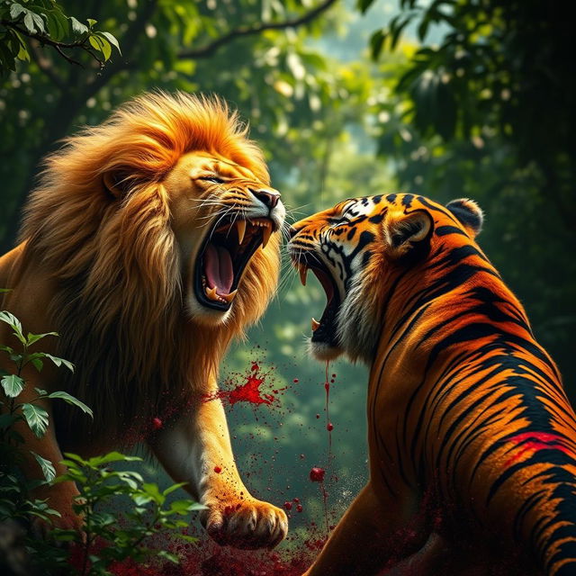 A dramatic scene depicting an intense fight between a lion and a tiger in a lush jungle setting