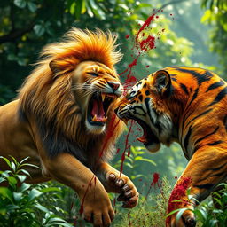 A dramatic scene depicting an intense fight between a lion and a tiger in a lush jungle setting