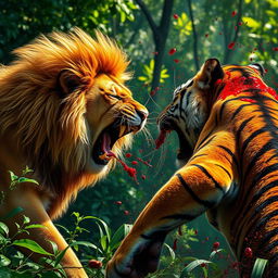 A dramatic scene depicting an intense fight between a lion and a tiger in a lush jungle setting