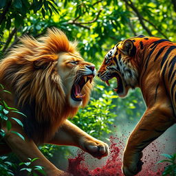 A dramatic scene depicting an intense fight between a lion and a tiger in a lush jungle setting