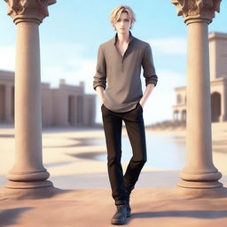 A high-quality digital art image showcases a tall, slim teenage male with sand-colored hair and striking blue eyes