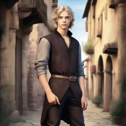 A high-quality digital art image presents a tall, slim teenage male with sand-colored hair and captivating blue eyes