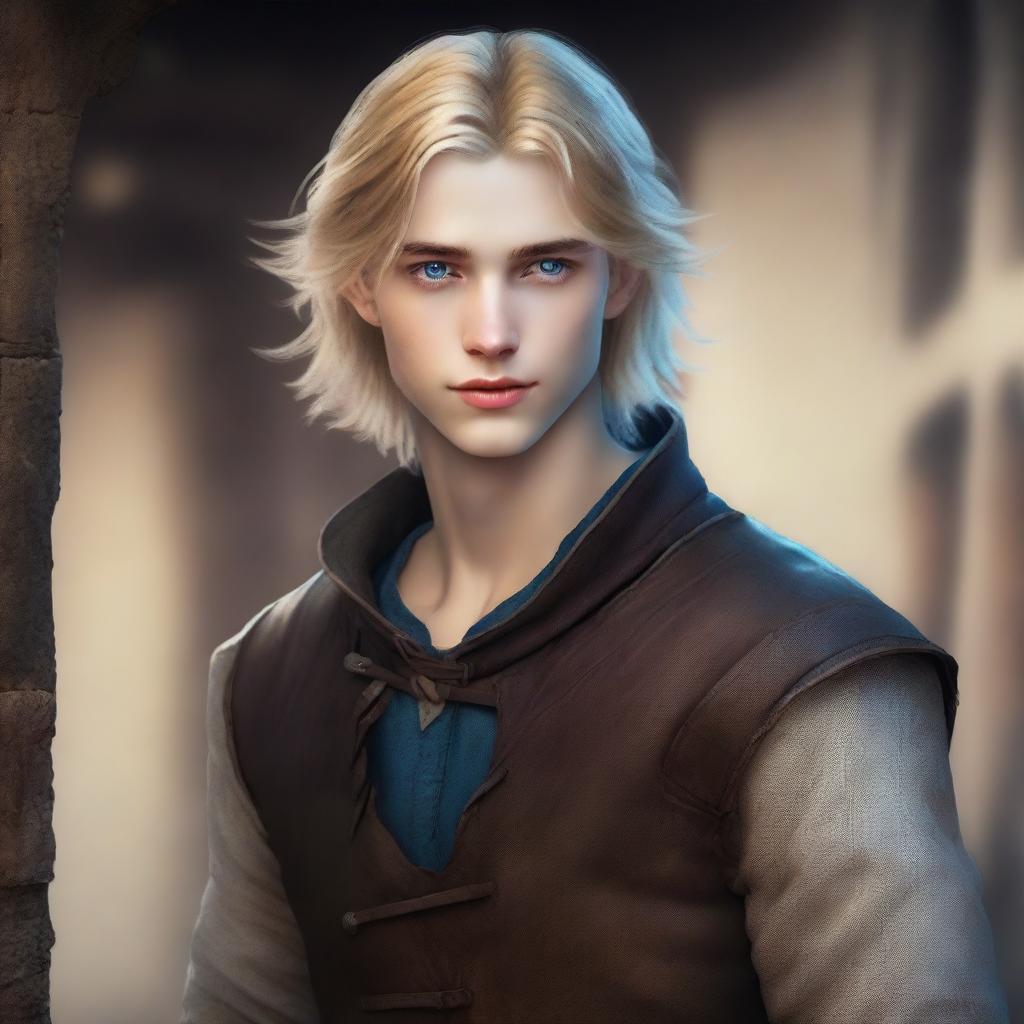 A high-quality digital art image presents a tall, slim teenage male with sand-colored hair and captivating blue eyes