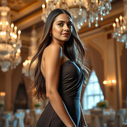 A confident European beauty exuding elegance, with long flowing hair framing her stunning facial features