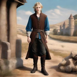 A high-quality digital art image presents a tall, slim teenage male with sand-colored hair and captivating blue eyes