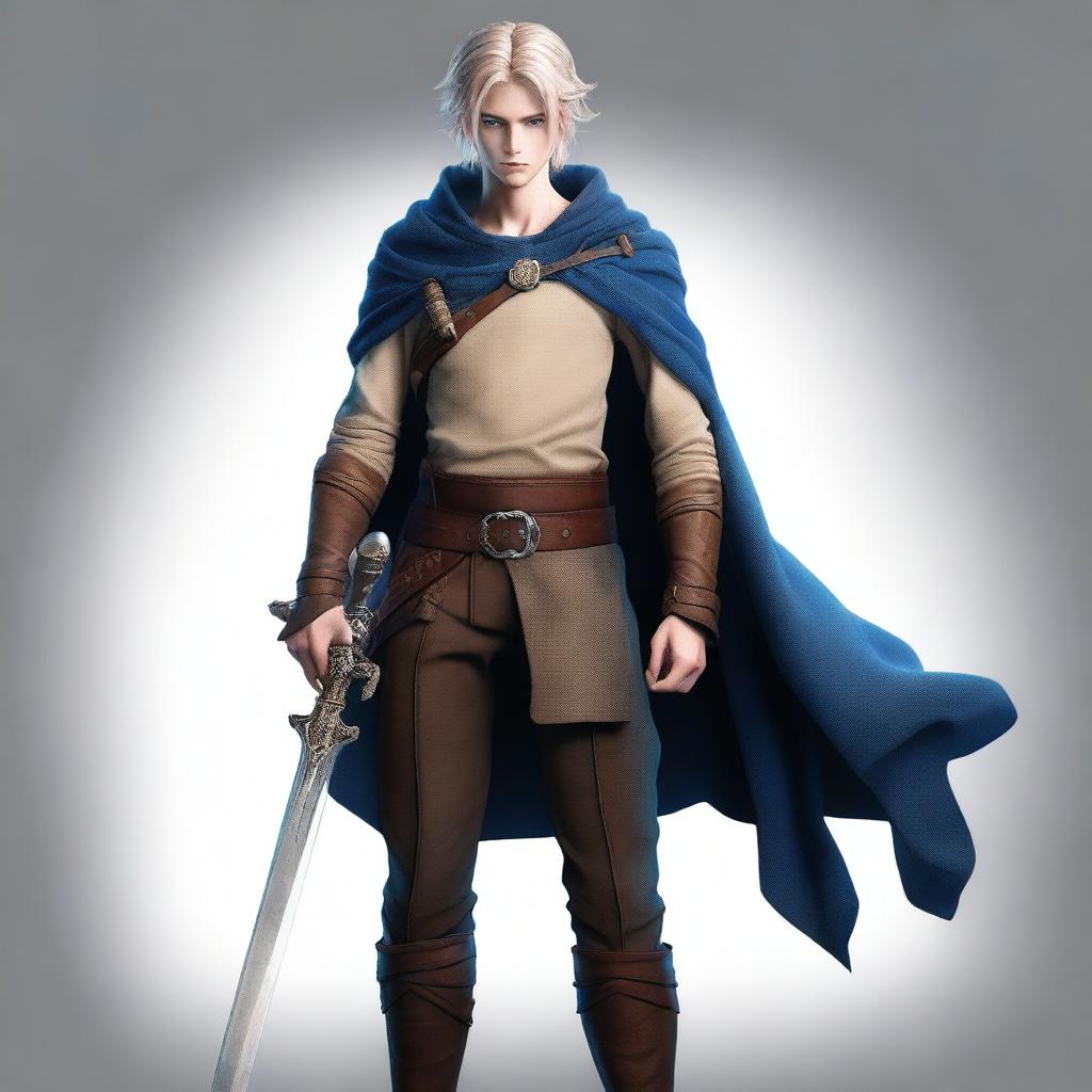 A high-definition digital art image portrays a tall, slim, and strong teenage male with sand-colored hair and intense blue eyes