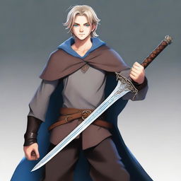 A high-definition digital art image portrays a tall, slim, and strong teenage male with sand-colored hair and intense blue eyes