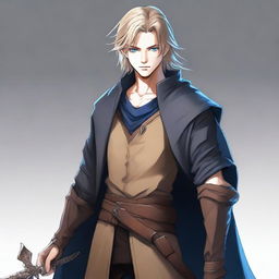 A high-definition digital art image portrays a tall, slim, and strong teenage male with sand-colored hair and intense blue eyes