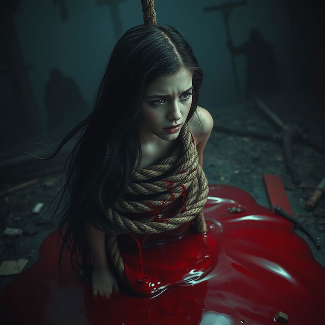 A haunting and dramatic scene showcasing a girl with long flowing dark hair, her face expressing a mix of fear and resignation as she is positioned atop a thick, twisted execution rope