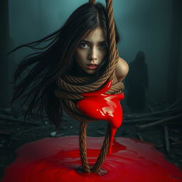 A haunting and dramatic scene showcasing a girl with long flowing dark hair, her face expressing a mix of fear and resignation as she is positioned atop a thick, twisted execution rope