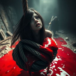 A haunting and dramatic scene showcasing a girl with long flowing dark hair, her face expressing a mix of fear and resignation as she is positioned atop a thick, twisted execution rope