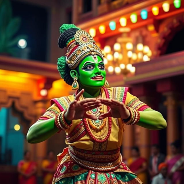 A vibrant scene depicting a traditional Kathakali performance, showcasing a male dancer in elaborate green makeup and ornate costume featuring intricate patterns and bright colors