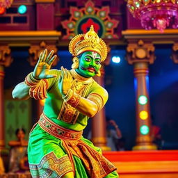 A vibrant scene depicting a traditional Kathakali performance, showcasing a male dancer in elaborate green makeup and ornate costume featuring intricate patterns and bright colors