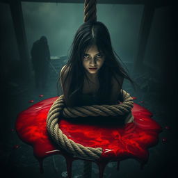 A haunting and dramatic scene showcasing a girl with long flowing dark hair, her face expressing a mix of fear and resignation as she is positioned atop a thick, twisted execution rope