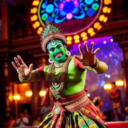 A vibrant scene depicting a traditional Kathakali performance, showcasing a male dancer in elaborate green makeup and ornate costume featuring intricate patterns and bright colors