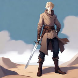 A high-definition digital art image portrays a tall, slim, and strong teenage male with sand-colored hair and intense blue eyes