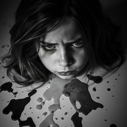A sad girl with a melancholic expression, surrounded by spilled nail polish in black and white
