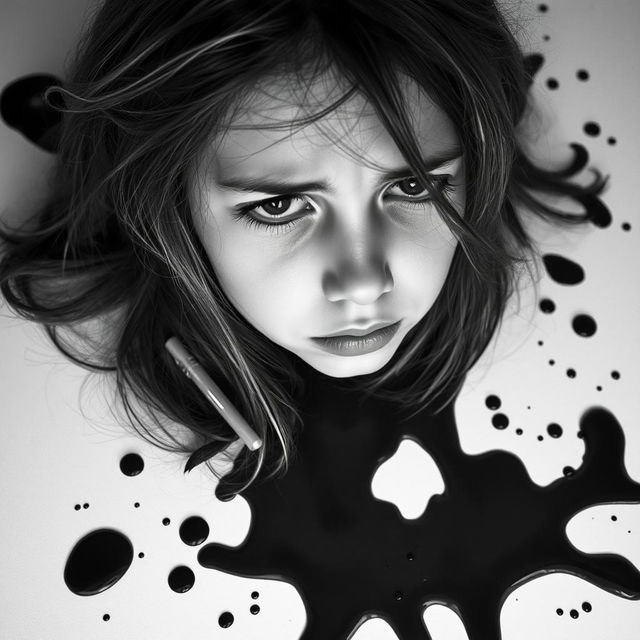 A sad girl with a melancholic expression, surrounded by spilled nail polish in black and white