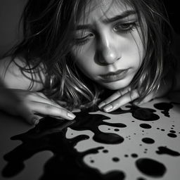 A sad girl with a melancholic expression, surrounded by spilled nail polish in black and white