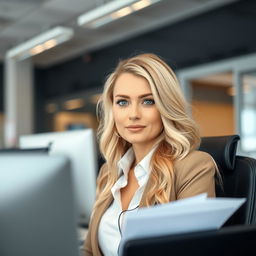 A 35-year-old woman with light blonde hair and light blue eyes, dressed in stylish office attire