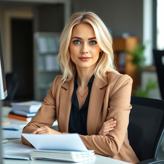 A 35-year-old woman with light blonde hair and light blue eyes, dressed in stylish office attire