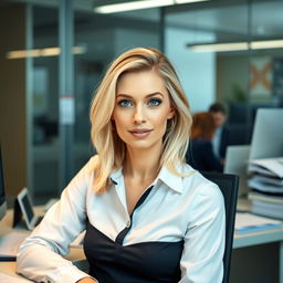 A 35-year-old woman with light blonde hair and light blue eyes, dressed in stylish office attire
