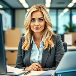 A 35-year-old woman with light blonde hair and light blue eyes, dressed in stylish office attire