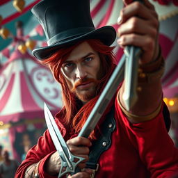 A fantastical knife thrower with pale skin and striking gray eyes, showcasing long flowing red hair, dressed in a stylish top hat and vibrant red and black clothing