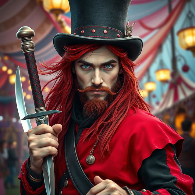 A fantastical knife thrower with pale skin and striking gray eyes, showcasing long flowing red hair, dressed in a stylish top hat and vibrant red and black clothing