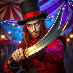 A fantastical knife thrower with pale skin and striking gray eyes, showcasing long flowing red hair, dressed in a stylish top hat and vibrant red and black clothing