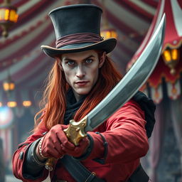 A fantastical knife thrower with pale skin and striking gray eyes, showcasing long flowing red hair, dressed in a stylish top hat and vibrant red and black clothing