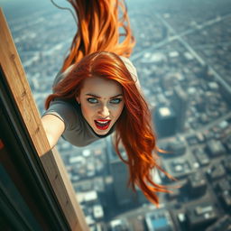 A beautiful redhead woman with vibrant green eyes and striking red lips, her long flowing hair cascading behind her, falling dramatically from a tall skyscraper