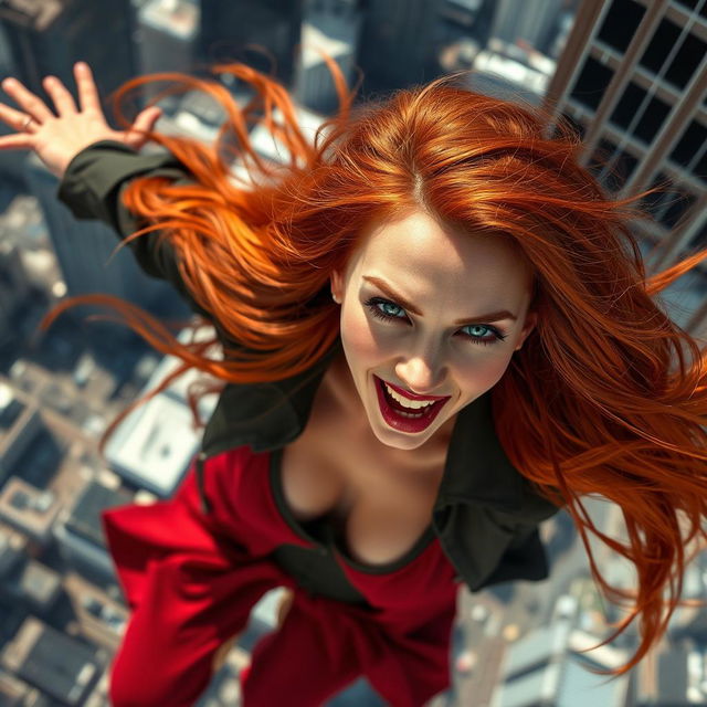 A beautiful redhead woman with vibrant green eyes and striking red lips, her long flowing hair cascading behind her, falling dramatically from a tall skyscraper