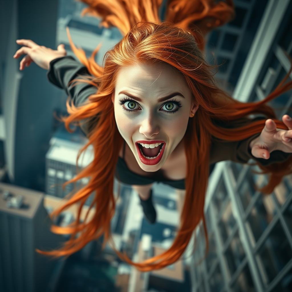 A beautiful redhead woman with vibrant green eyes and striking red lips, her long flowing hair cascading behind her, falling dramatically from a tall skyscraper