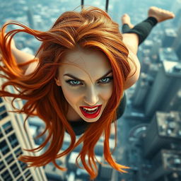 A beautiful redhead woman with vibrant green eyes and striking red lips, her long flowing hair cascading behind her, falling dramatically from a tall skyscraper