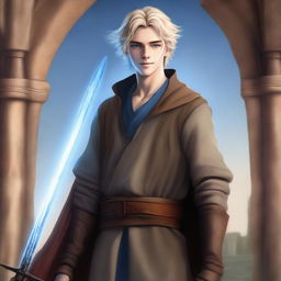 A high-quality digital art image portrays a tall, slim, and strong teenage male with sand-colored hair and bright blue eyes