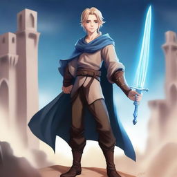 A high-quality digital art image portrays a tall, slim, and strong teenage male with sand-colored hair and bright blue eyes