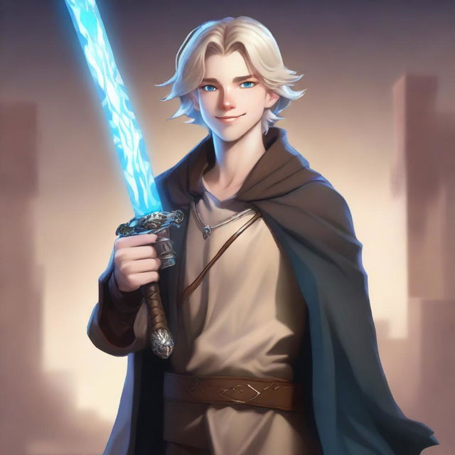 A high-quality digital art image portrays a tall, slim, and strong teenage male with sand-colored hair and bright blue eyes