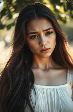 A beautifully emotive scene capturing a woman with long flowing hair, tears streaming down her face, expressing deep emotions